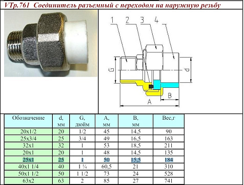 Американка d 25х1" наружная резьба, полипропилен VTp.761 VALTEC купить в СОМ