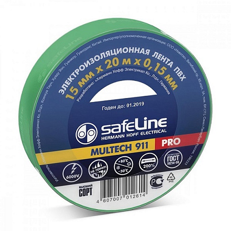 Изолента ПВХ 15мм х 20м  Safeline зеленая 9364 купить в СОМ